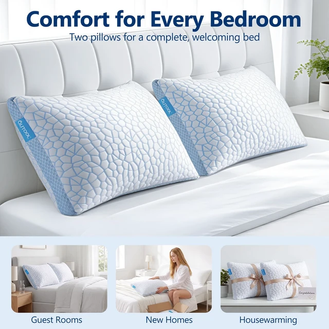 Alt view image 5 of 7 - Enhanced Cooling Pillows for Sleeping, CertiPUR-US Shredded Memory Foam Pillows Queen Size Set of 2 for Hot Sleeper, Adjustable Bed Pillow for Side, Back, Stomach Sleepers Support Yet Soft Blue