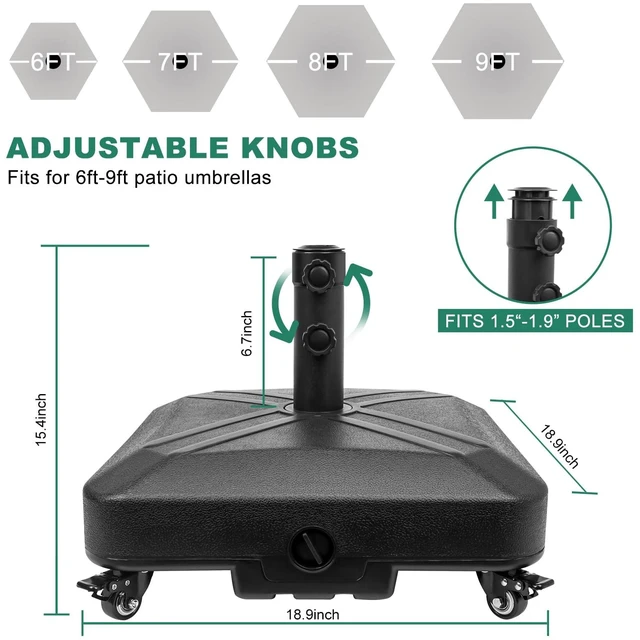 Alt view image 2 of 7 - Patio Umbrella Base Heavy Duty with Wheels Square Market Stand for Outdoor 4 Locks 2 Knobs 125lb Capacity, Black