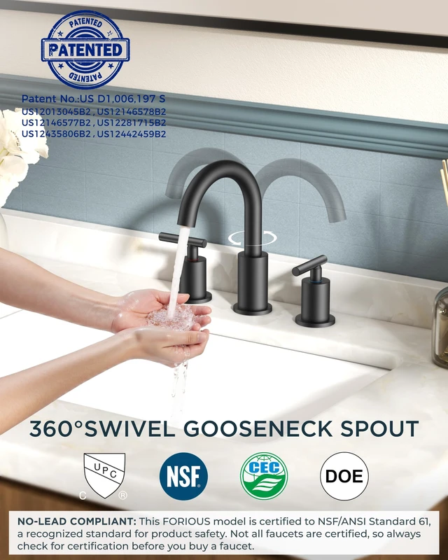 Alt view image 4 of 7 - Widespread Black Bathroom Faucet 3 Hole, Matte Black Vanity Faucet | Commercial 8 In Matte Black Bathroom Sink Faucet Widespread with 360° Swivel Spout, 3 Hole Black Faucet for Bathroom Sink RV