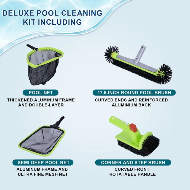 Alt view image 2 of 6 - 4-Piece Deluxe Pool Cleaning Kit, No Pole | No pole, professional leaf skimmer, half-depth fine mesh net, 17.5-inch hemispherical brush and rotatable scrubber