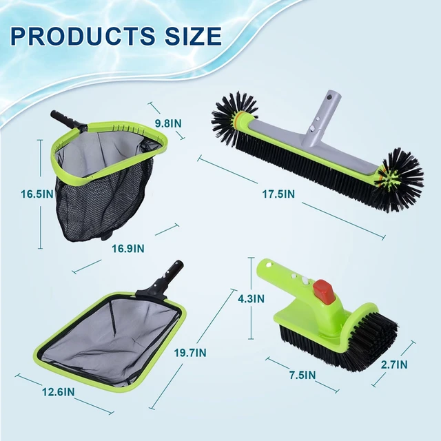 Alt view image 6 of 6 - 4-Piece Deluxe Pool Cleaning Kit, No Pole | No pole, professional leaf skimmer, half-depth fine mesh net, 17.5-inch hemispherical brush and rotatable scrubber