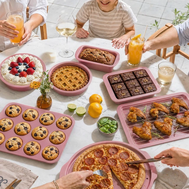 Alt view image 5 of 7 - Bakeware Sets, Baking Pans Set, Nonstick Oven Pan for Kitchen with Wider Grips, 10-Piece Including Rack, Cookie Sheet, Cake Pans, Loaf Pan, Muffin Pan, Pizza Pan - Pink