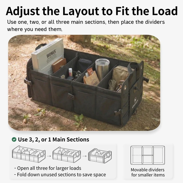 Alt view image 6 of 7 - 1680D 114L Extra-Large Collapsible Car Trunk Organizer with Lid | Water-repellent Oxford, rigid PP panels, 3 sections, 4 dividers, up to 22 storage areas, hook-and-loop base & anchor straps