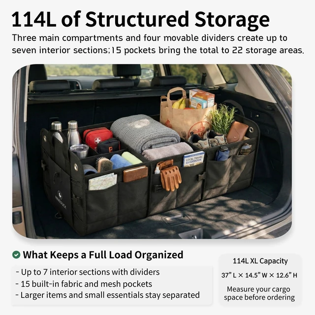 Alt view image 2 of 7 - 1680D 114L Extra-Large Collapsible Car Trunk Organizer with Lid | Water-repellent Oxford, rigid PP panels, 3 sections, 4 dividers, up to 22 storage areas, hook-and-loop base & anchor straps