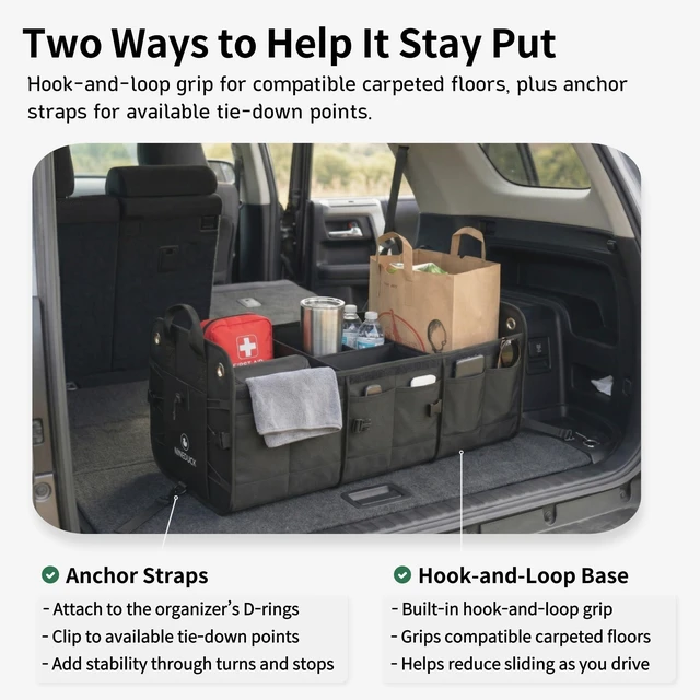 Alt view image 7 of 7 - 1680D 114L Extra-Large Collapsible Car Trunk Organizer with Lid | Water-repellent Oxford, rigid PP panels, 3 sections, 4 dividers, up to 22 storage areas, hook-and-loop base & anchor straps