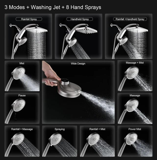 Alt view image 3 of 7 - Rain Shower Head with Handheld Showerhead, Nickel 1.8GPM 460311 | 12" High Pressure Rainfall Shower Heads, 9 Sprays Handheld Showerheads, Magnetic Docking, Power Jets, 59" Shower Hose