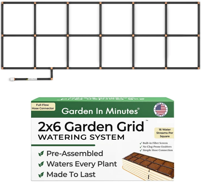 Main image of Garden Grid 2x6 | Garden Watering System for Raised Beds | Pre-Assembled | 1-Min Setup Garden Irrigation Kit; Full-Coverage, No Dry Spots; USA-Made; Lasts Years Longer Than Drip Irrigation, 22.5x66"