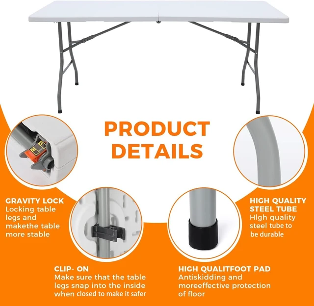 Alt view image 3 of 7 - 6FT Folding Table, Fold in Half Heavy Duty Rectangular Plastic Utility Table with Steel Legs & Carry Handle, White | HDPE Top for Indoor Outdoor Parties,Camping,Picnic,Wedding,Dining,Banquet