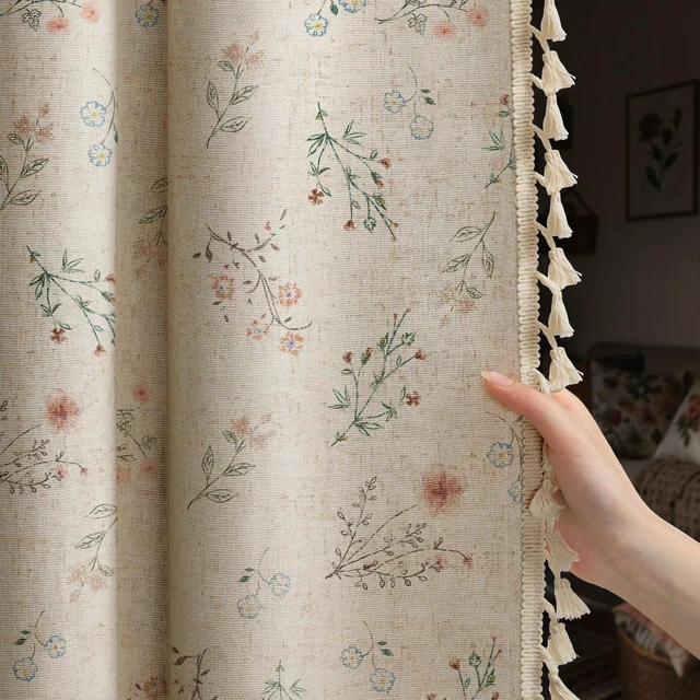Main image of Boho Floral 100% Blackout Curtains 84 Inch 2 Panels Linen Texture | Farmhouse Vintage Cottage, Beige Tassels, Rod Pocket, Bedroom, Living Room, Window Treatment, Room Darkening, Drapes