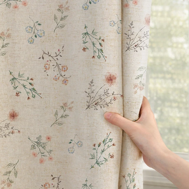 Alt view image 3 of 7 - Boho Floral 100% Blackout Curtains 84 Inch 2 Panels Linen Texture | Farmhouse Vintage Cottage, Beige Tassels, Rod Pocket, Bedroom, Living Room, Window Treatment, Room Darkening, Drapes