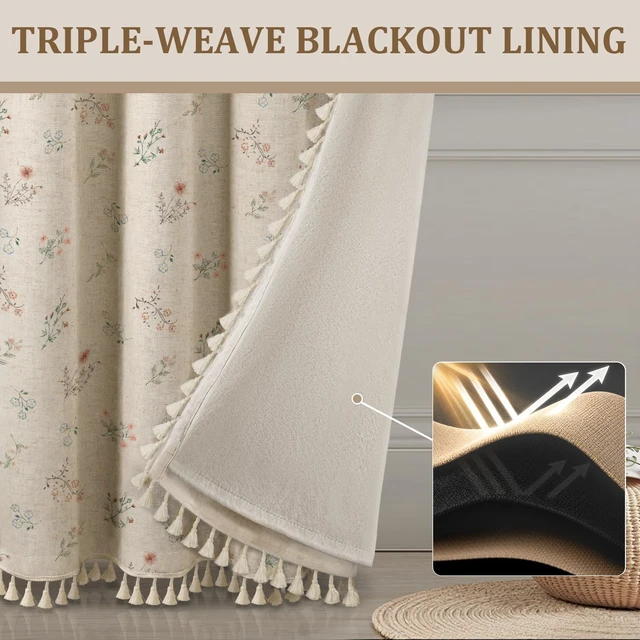 Alt view image 4 of 7 - Boho Floral 100% Blackout Curtains 84 Inch 2 Panels Linen Texture | Farmhouse Vintage Cottage, Beige Tassels, Rod Pocket, Bedroom, Living Room, Window Treatment, Room Darkening, Drapes