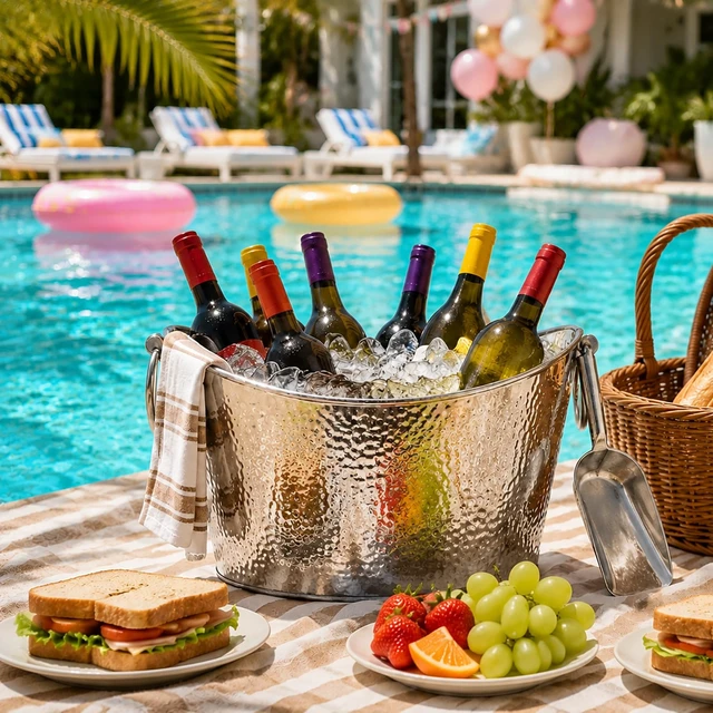 Alt view image 7 of 7 - 3 Gallon/12L Stainless Steel Beverage Tub, Large Galvanized Ice Bucket with Handles, Hammered Metal Drink Bucket Drink Chiller Champagne Buckets for Parties Weddings