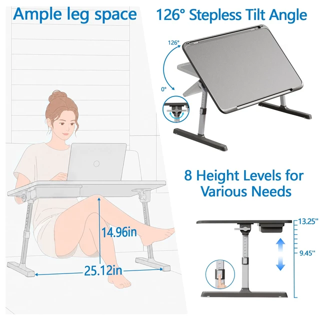 Alt view image 3 of 7 - Lap Desk, Adjustable Foldable Bed Laptop Tray Table, Large Easy-Clean Wood Grain Desktop with Storage Drawer, Portable Laptop Stand Fits 17" Laptop for Bed Couch Floor (Deep Grey)