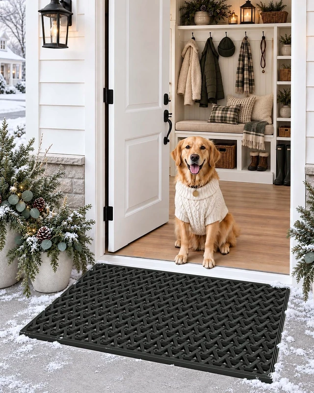 Alt view image 2 of 7 - Front Door Mat Outside Entrance Rubber Floor Doormat, 24x36 Black | Welcome Heavy Duty Non Slip, Dirt Trapper Waterproof Exterior Entry Mats Rain Water Drainage for Patio Entryway