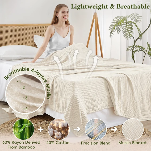 Alt view image 3 of 7 - Cotton Muslin Blanket, Soft Cooling Summer, Queen Size, Birch | 60% Rayon 40% Cotton 4-Layer Cozy Gauze Throw, Lightweight Breathable for Hot Sleeper Adults for Couch Home Decor, 90"x90"