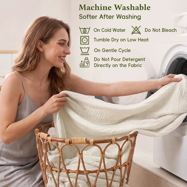 Alt view image 6 of 7 - Cotton Muslin Blanket, Soft Cooling Summer, Queen Size, Birch | 60% Rayon 40% Cotton 4-Layer Cozy Gauze Throw, Lightweight Breathable for Hot Sleeper Adults for Couch Home Decor, 90"x90"