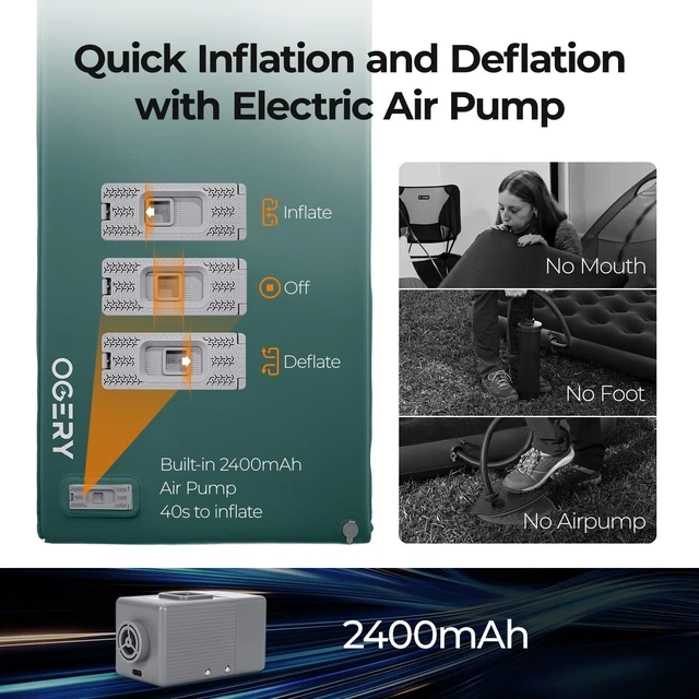 Alt view image 3 of 7 - 3.15" Memory Foam Sleeping Pad, Self-Inflating with Electric Pump | Ultra-Thick Camping Mattress with Built-in Pillow, 4 Season, Tent Use, Car Camping, RV Travel, Quiet Sleep