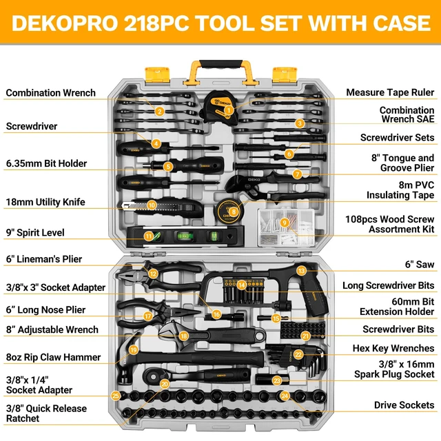 Alt view image 2 of 7 - 218-Piece General Household Hand Tool kit, Professional Auto Repair Tool Set for Homeowner, General Household Hand Tool Set with Plier, Screwdriver Set, Socket Set, with Portable Storage Case