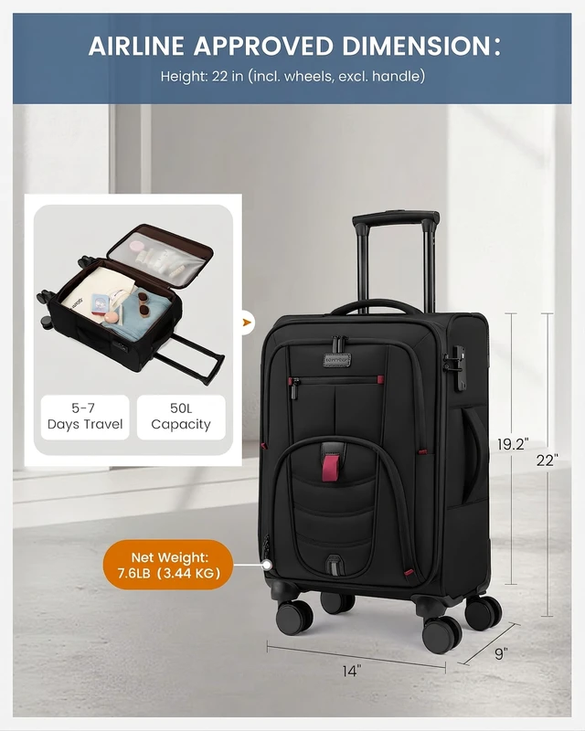 Alt view image 4 of 7 - Carry On Luggage 22x14x9 Airline Approved with TSA Lock for Business Trip | with 2 Pcs Packing Cubes, 360° Silent Spinner Wheels, Front Laptop Compartment Softside Travel Carry-on Luggage fit Overhead
