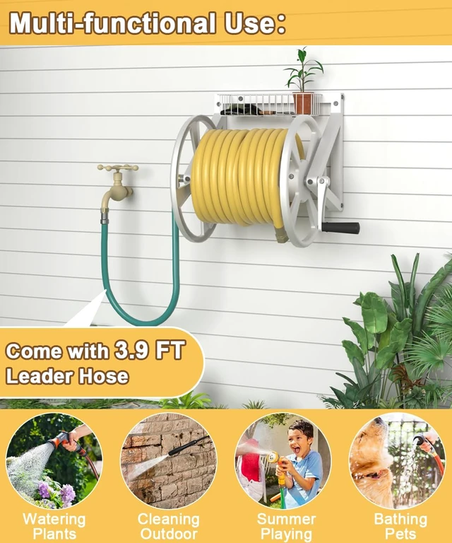 Alt view image 5 of 7 - Triangle Wall Mounted Garden Hose Reel Outdoor Hose Holder White | Heavy-Duty Water Hoses Winder Holds 125 Ft of 5/8-Inch Hose with 3.9 ft Leader Hose, Stainless Steel Connector for Outside