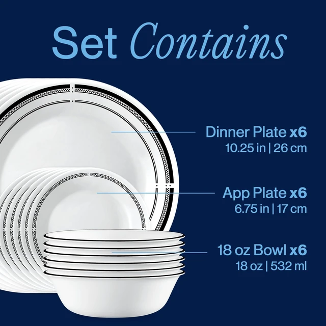 Alt view image 3 of 7 - 18-Piece Round Dinnerware Set Service for 6, Lightweight Round Plates and Bowls Set, Vitrelle Triple Layer Glass, Chip and Scratch Resistant, Microwave and Dishwasher Safe, Brasserie