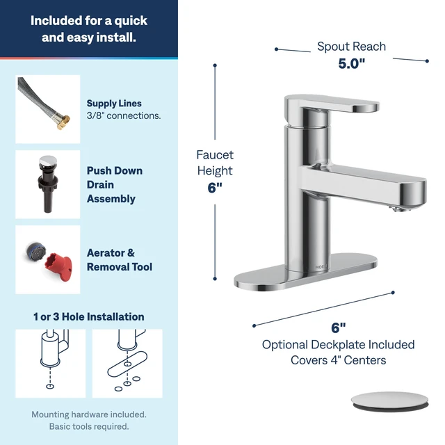 Alt view image 3 of 6 - Laris Chrome One-Handle Single Hole Modern Bathroom Sink Faucet with Optional Deckplate and Spring Loaded Drain Assembly, 84014