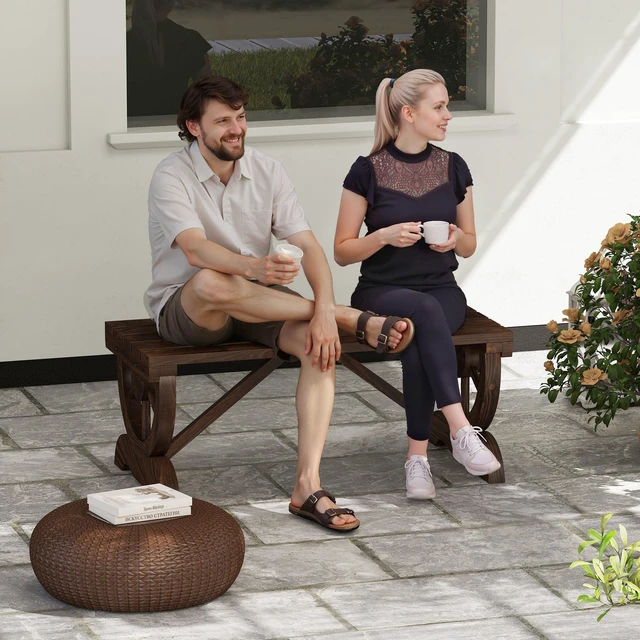 Alt view image 2 of 7 - 2-Person Wooden Garden Bench Outdoor Wagon Wheel 550 LBS Brown | Front Porch, Backyard Garden, Rustic Country Style Patio Furniture