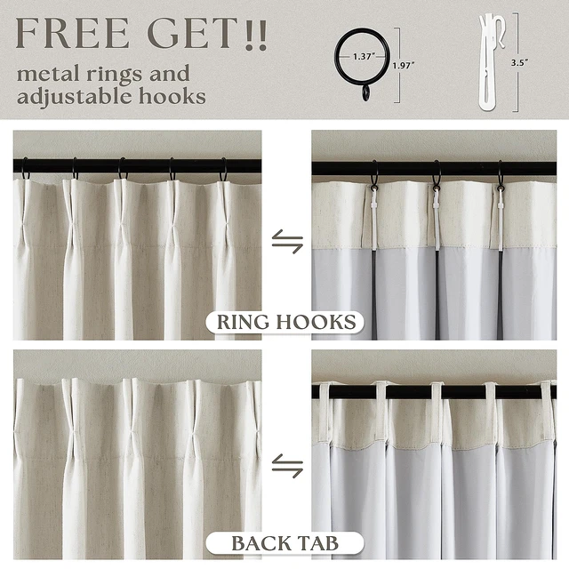 Alt view image 6 of 7 - 102 Inches Long Pinch Pleated Linen Blackout Curtains for Bedroom | Memory Trained Shape, 100% Blackout Light Blocking Curtains, for Living Dining Room, Natural Cream Farmhouse, with Back Tab