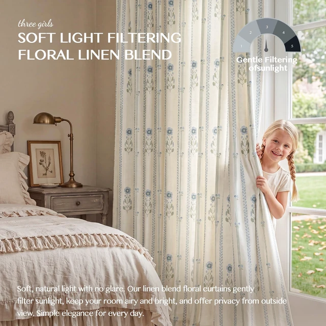 Alt view image 2 of 7 - Pinch Pleated Curtains for Living Room Bedroom Dining Room - 84 Inches Light Filtering Floral Curtains Luxury Linen Drapes Farmhouse Window Curtains with Hooks - 2 Panels Set, 40" W x 84" L