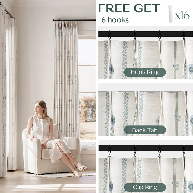 Alt view image 5 of 7 - Pinch Pleated Curtains for Living Room Bedroom Dining Room - 84 Inches Light Filtering Floral Curtains Luxury Linen Drapes Farmhouse Window Curtains with Hooks - 2 Panels Set, 40" W x 84" L