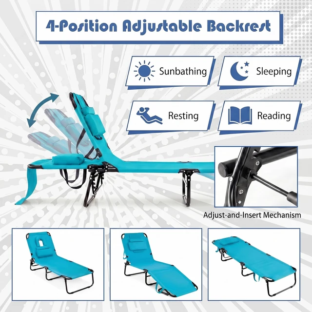 Alt view image 2 of 7 - Tanning Chair, Folding Beach Lounge Chair with Face Hole, Removable Pillow, Carry Strap, Position Adjustable, Sunbathing Chair, Portable Outside Lounge Chair for Patio Pool
