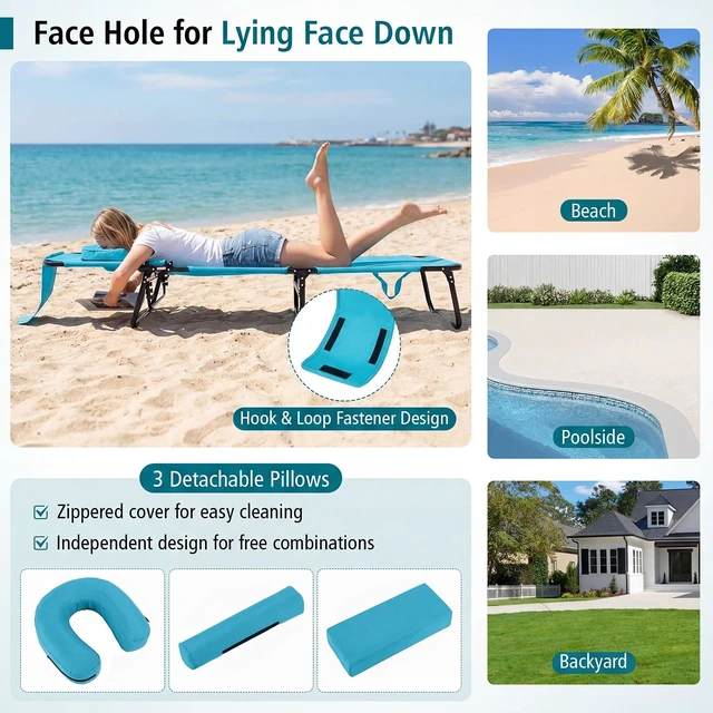 Alt view image 3 of 7 - Tanning Chair, Folding Beach Lounge Chair with Face Hole, Removable Pillow, Carry Strap, Position Adjustable, Sunbathing Chair, Portable Outside Lounge Chair for Patio Pool