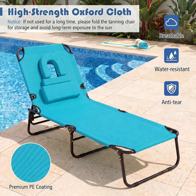 Alt view image 4 of 7 - Tanning Chair, Folding Beach Lounge Chair with Face Hole, Removable Pillow, Carry Strap, Position Adjustable, Sunbathing Chair, Portable Outside Lounge Chair for Patio Pool