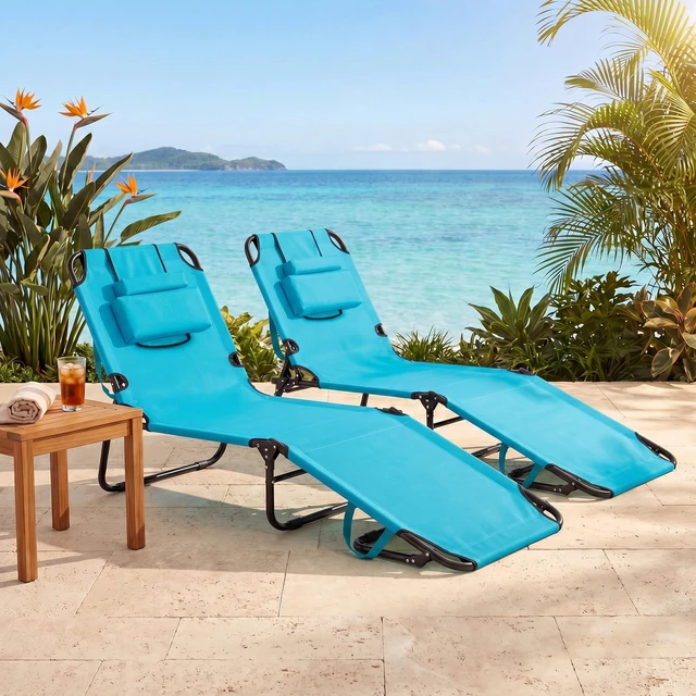 Alt view image 7 of 7 - Tanning Chair, Folding Beach Lounge Chair with Face Hole, Removable Pillow, Carry Strap, Position Adjustable, Sunbathing Chair, Portable Outside Lounge Chair for Patio Pool