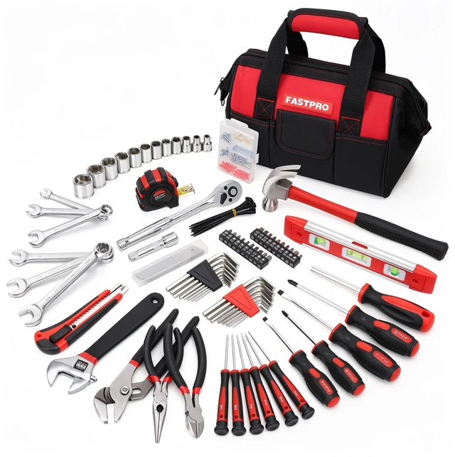 Main image of 236-Piece Home Repairing Tool Set with Tool Bag, Red | Mechanics Hand Tool Kit, 12-Inch Wide Mouth Open Bag, 3/8" SAE Sockets and Wrench Set Included, For DIY & Home Maintenance