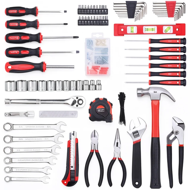 Alt view image 2 of 7 - 236-Piece Home Repairing Tool Set with Tool Bag, Red | Mechanics Hand Tool Kit, 12-Inch Wide Mouth Open Bag, 3/8" SAE Sockets and Wrench Set Included, For DIY & Home Maintenance
