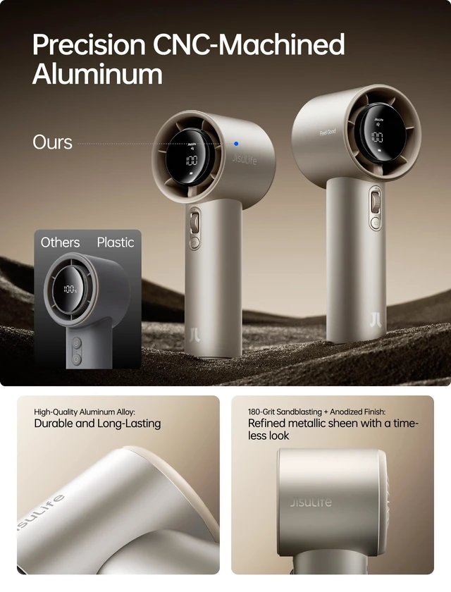 Alt view image 2 of 7 - Handheld Fan Pro1S - Next-Gen Airflow: Up to 40H Runtime | Metal Body-Enduring Quality, 1-100 Speed Scroll Wheel, 5000mAh-Portable Fan for Travel, Gifts for Women Men(Amber Gold)