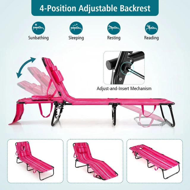 Alt view image 2 of 7 - Tanning Chair, 330lbs Beach Lounge Chair with Face Hole | Adjust-and-Insert 4-Position Reclining with 3 Detachable Pillows, Portable Sunbathing Layout Chairs for Patio, Poolside
