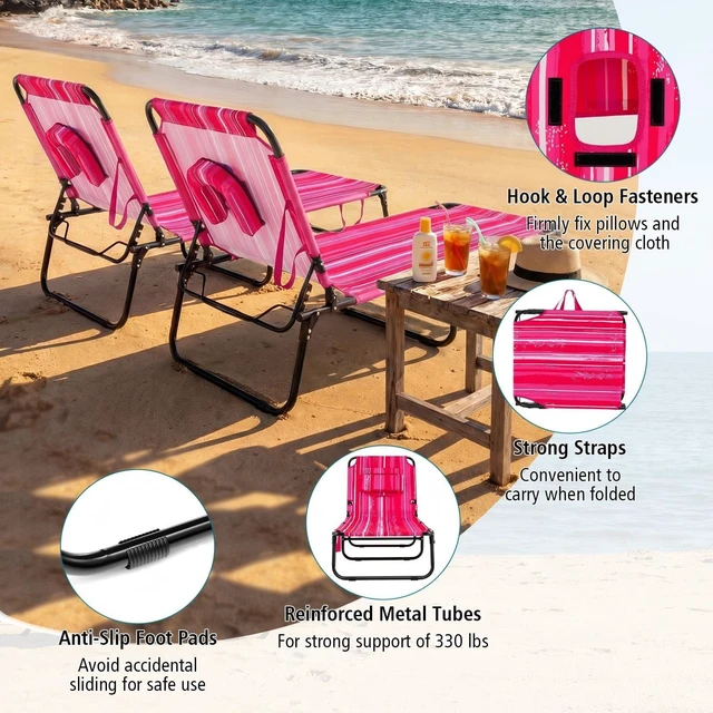 Alt view image 3 of 7 - Tanning Chair, 330lbs Beach Lounge Chair with Face Hole | Adjust-and-Insert 4-Position Reclining with 3 Detachable Pillows, Portable Sunbathing Layout Chairs for Patio, Poolside