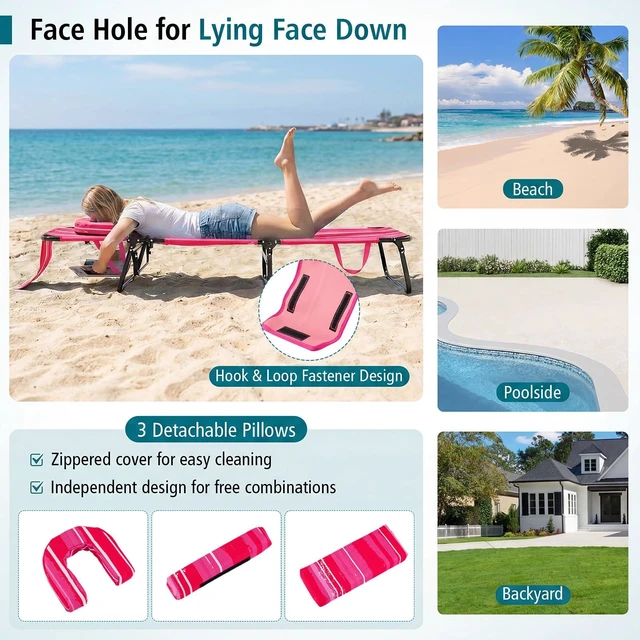Alt view image 4 of 7 - Tanning Chair, 330lbs Beach Lounge Chair with Face Hole | Adjust-and-Insert 4-Position Reclining with 3 Detachable Pillows, Portable Sunbathing Layout Chairs for Patio, Poolside