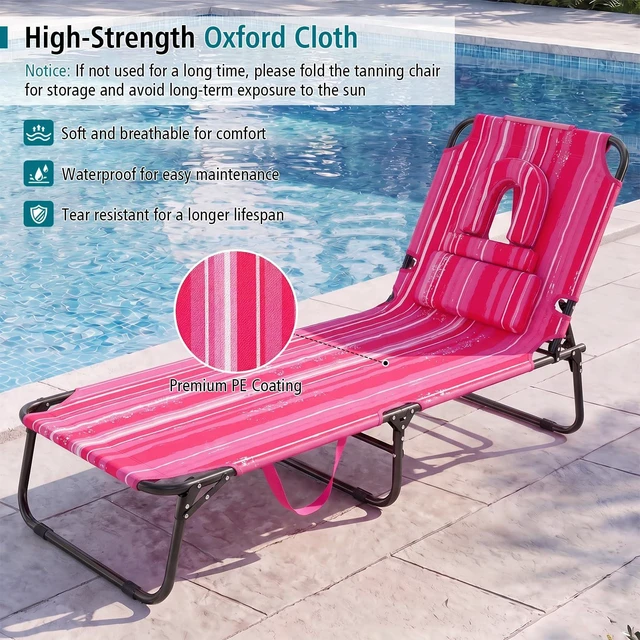 Alt view image 5 of 7 - Tanning Chair, 330lbs Beach Lounge Chair with Face Hole | Adjust-and-Insert 4-Position Reclining with 3 Detachable Pillows, Portable Sunbathing Layout Chairs for Patio, Poolside