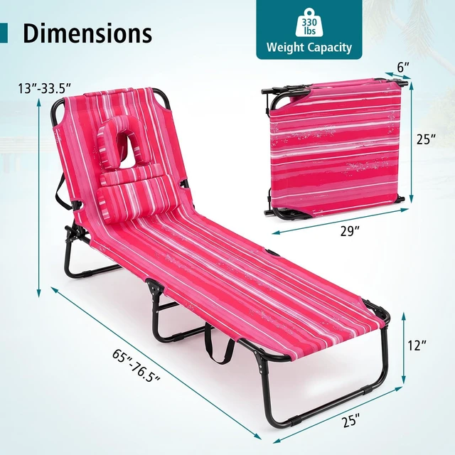 Alt view image 7 of 7 - Tanning Chair, 330lbs Beach Lounge Chair with Face Hole | Adjust-and-Insert 4-Position Reclining with 3 Detachable Pillows, Portable Sunbathing Layout Chairs for Patio, Poolside