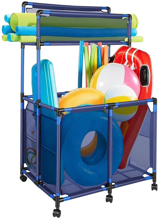 Main image of Rolling Pool Storage Bin Cart with Noodle Holder Top Shelf | Removeable Pool Storage Organizer Top Shelf Nylon Mesh Basket for Goggles, Floats, Balls and Floats Equipment