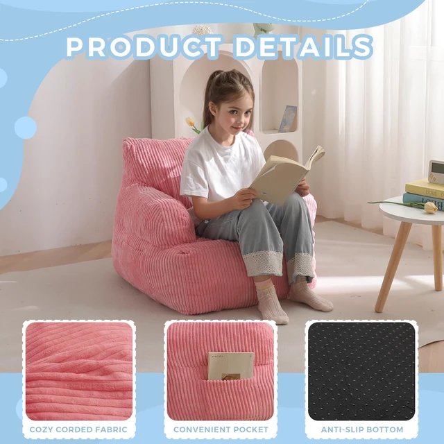 Alt view image 7 of 7 - Kids Bean Bag Chair, Stuffed Bean Bag Sofa, Pink, Standard | Bean Bag Chair for Boys and Girls, Lazy Sofa with Pocket Floor Chair for Gaming, Reading