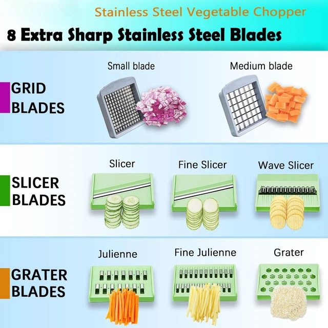 Alt view image 7 of 7 - All-in-1 Vegetable Chopper with 8 Blades - Mandoline Slicer-Pro Food Chopper with Container - Veggie Salad Onion Chopper - Potato Dicer French Fry Cutter - Cheese Grater - Stainless Steel material