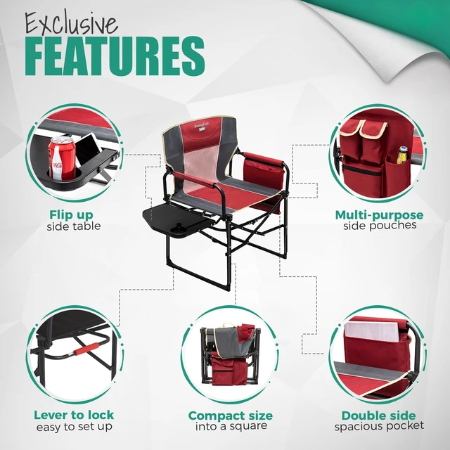 Alt view image 5 of 7 - Oversized Camping Chair Portable Directors Chairs with Side Table | Heavy Duty Folding Lawn Chair for Adults 300LBS with Compact Size, Breathable Mesh, Pocket & Carry Bag for Outdoor, Lawn, RV
