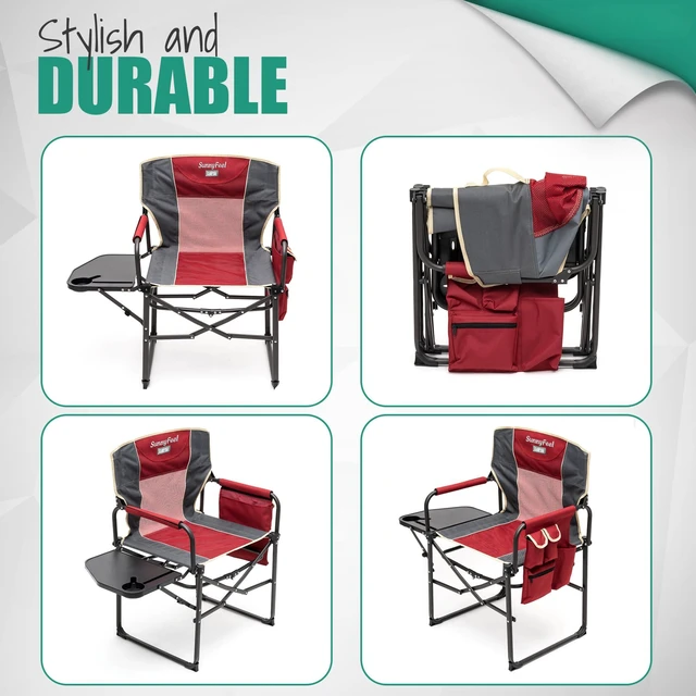 Alt view image 7 of 7 - Oversized Camping Chair Portable Directors Chairs with Side Table | Heavy Duty Folding Lawn Chair for Adults 300LBS with Compact Size, Breathable Mesh, Pocket & Carry Bag for Outdoor, Lawn, RV
