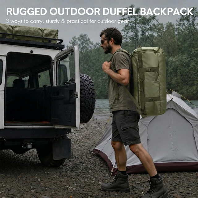 Alt view image 2 of 7 - 90L Large Duffle Backpack Bag for Men Travel, Heavy Duty Duffel Bags with Shoes Compartment for Traveling, Long Trip, Camping, Water-resistant, Army Green