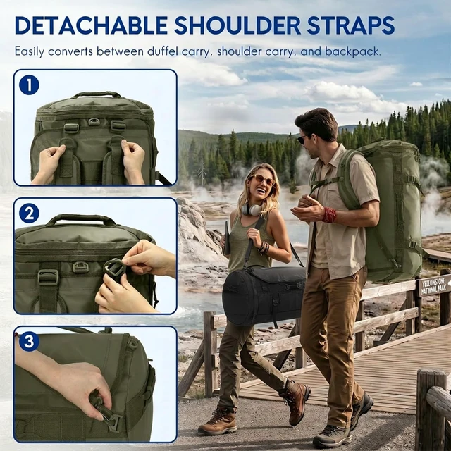 Alt view image 3 of 7 - 90L Large Duffle Backpack Bag for Men Travel, Heavy Duty Duffel Bags with Shoes Compartment for Traveling, Long Trip, Camping, Water-resistant, Army Green