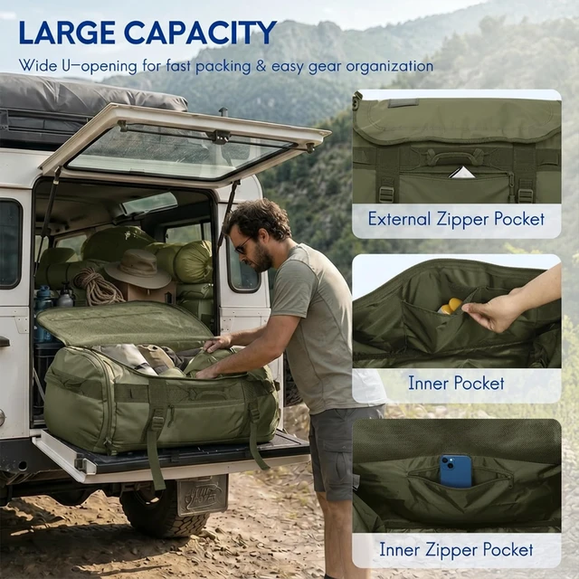 Alt view image 4 of 7 - 90L Large Duffle Backpack Bag for Men Travel, Heavy Duty Duffel Bags with Shoes Compartment for Traveling, Long Trip, Camping, Water-resistant, Army Green